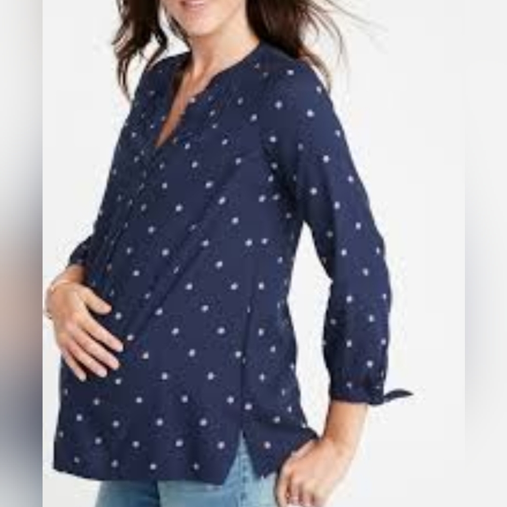 Old Navy Maternity Daisy Navy Purple Polka Dot Split Neck Tied Cuffs Tunic Top L